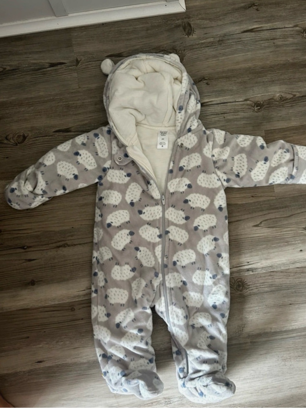 Carter's Plush Hooded One-Piece with Sheep Print - Gray & White - Picture 1 of 2